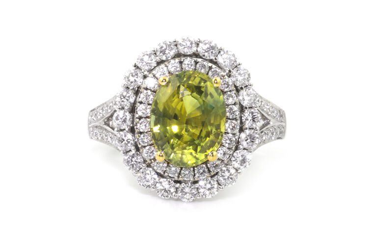 Green Sapphire & Diamond Cluster 18ct White Gold Ring Size M