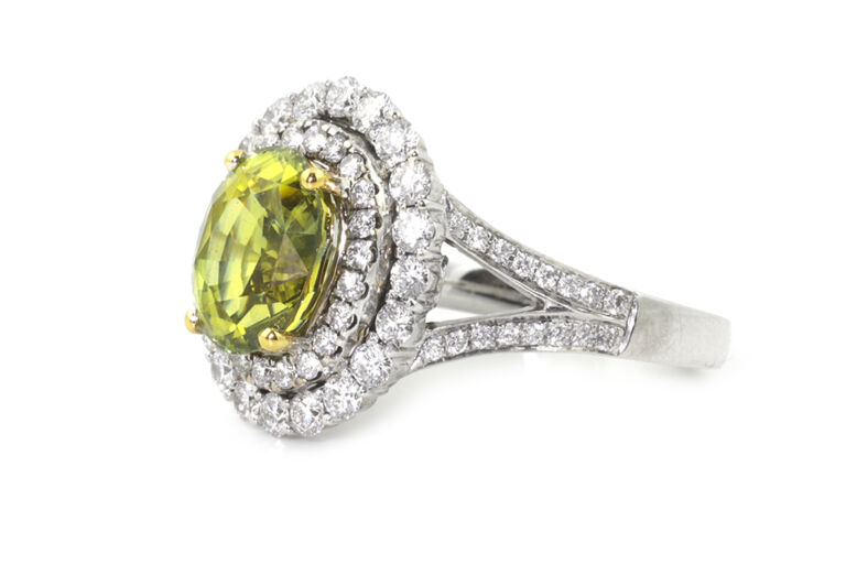 Green Sapphire & Diamond Cluster 18ct White Gold Ring Size M