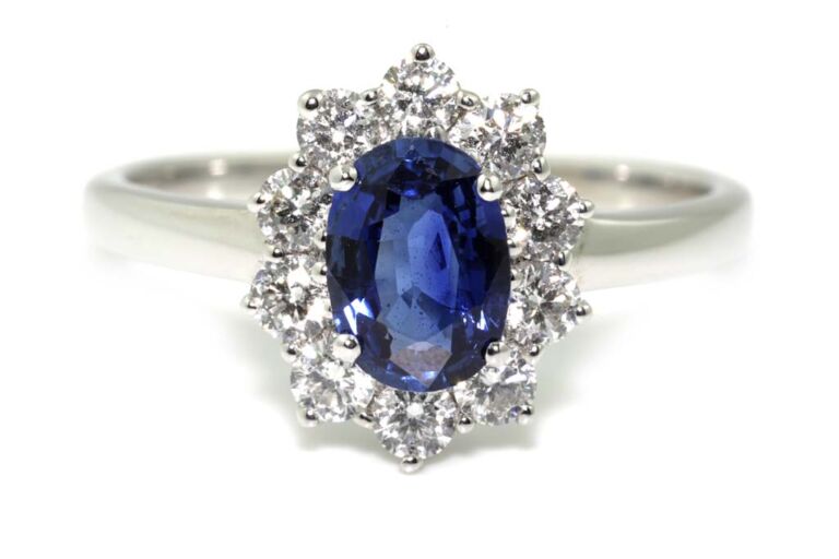 Image 1 for Blue Sapphire & Diamond Cluster 18ct White Gold Ring Size M