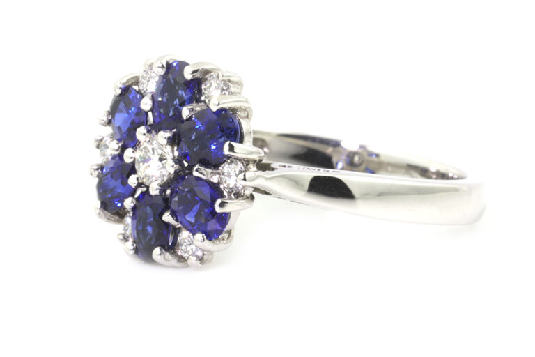 Blue Sapphire & Diamond Cluster 18ct White Gold Ring Size L
