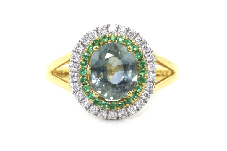 Colour Change Green Blue Sapphire & Diamond & Emerald Cluster 18ct G Ring Size M