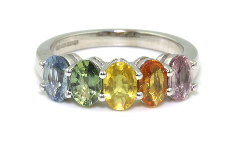 Multi Colour Sapphire 5 Stone 18ct White Gold Ring Size M