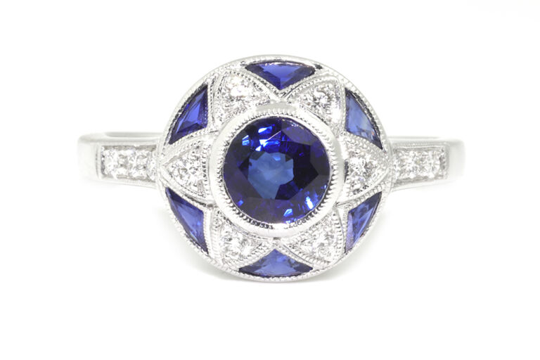 Art Deco Style Blue Sapphire & Diamond Cluster Ring 18ct white gold Size M