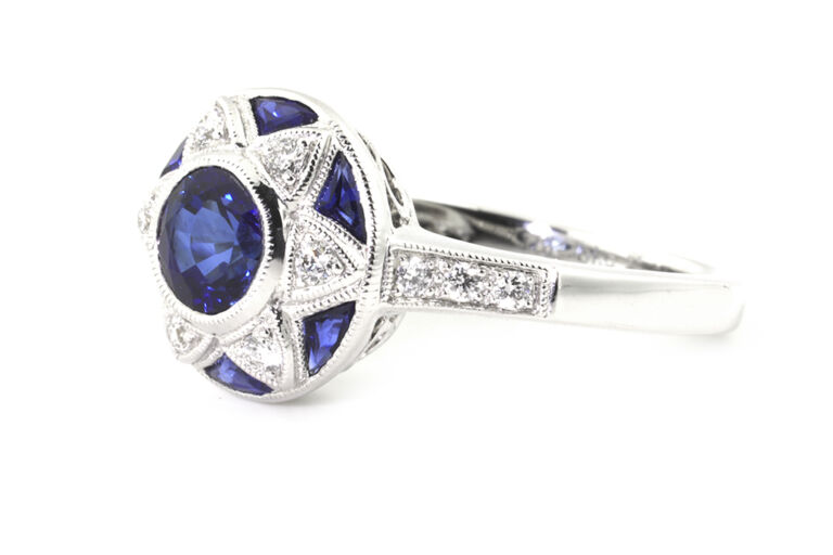 Art Deco Style Blue Sapphire & Diamond Cluster Ring 18ct white gold Size M