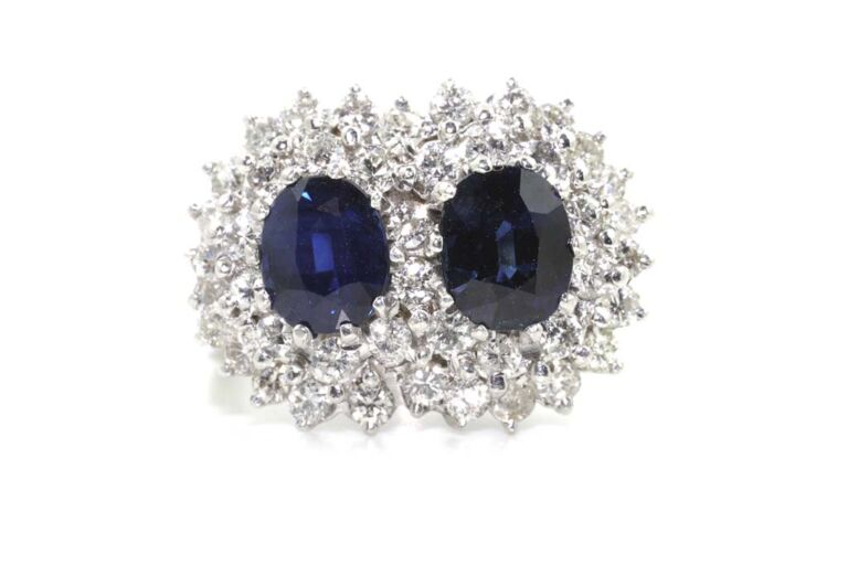 Image 1 for Twin Blue Sapphire & Diamond Cluster 18ct White Gold Ring Size J