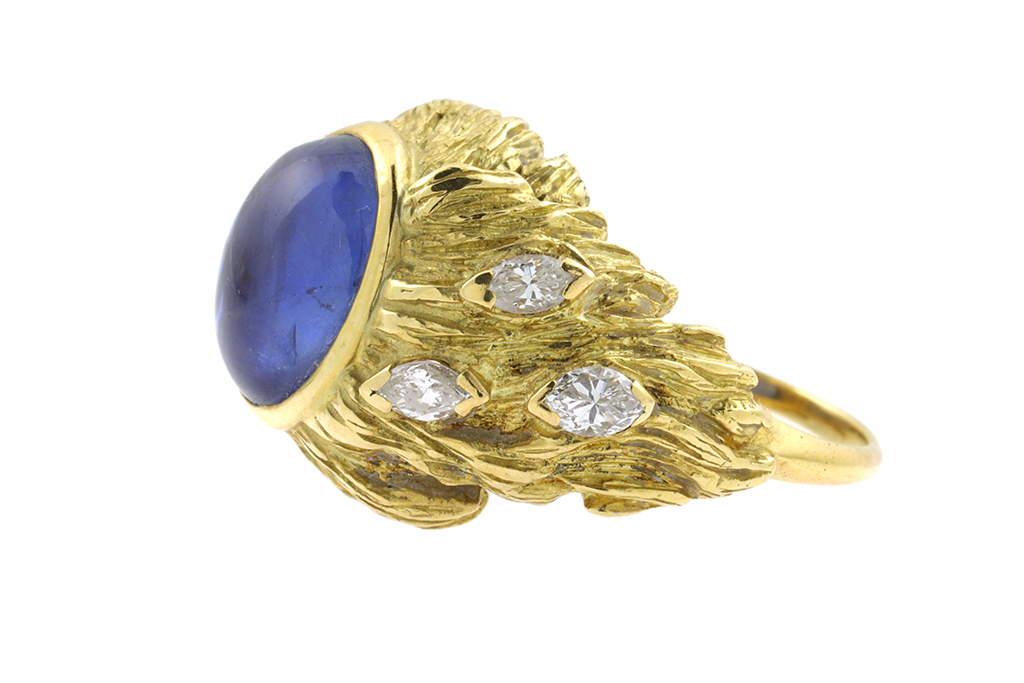 Cabochon Cut Blue Sapphire & Diamond Cluster Ring