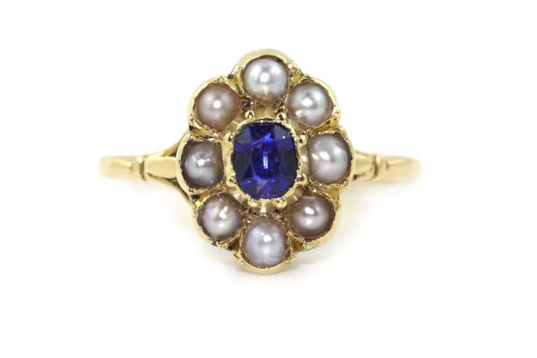 Image 1 for Blue Sapphire & Pearl Cluster Ring Size L