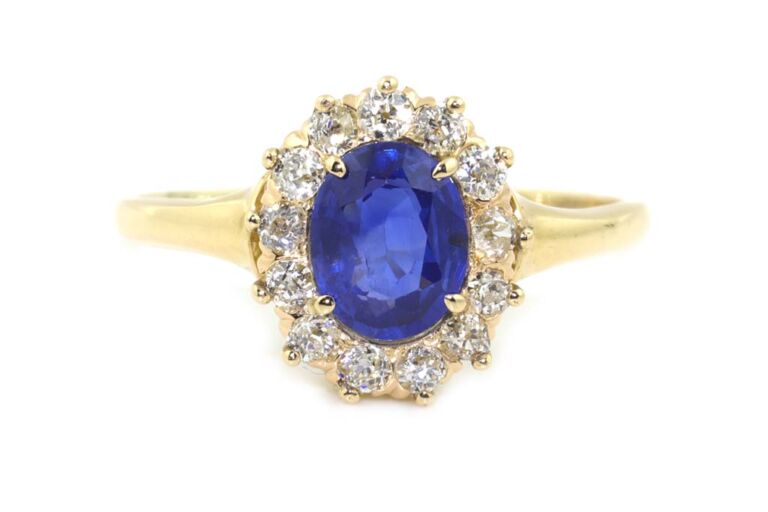 Victorian Blue Sapphire & Diamond Cluster 18ct Yellow Gold Ring Size N