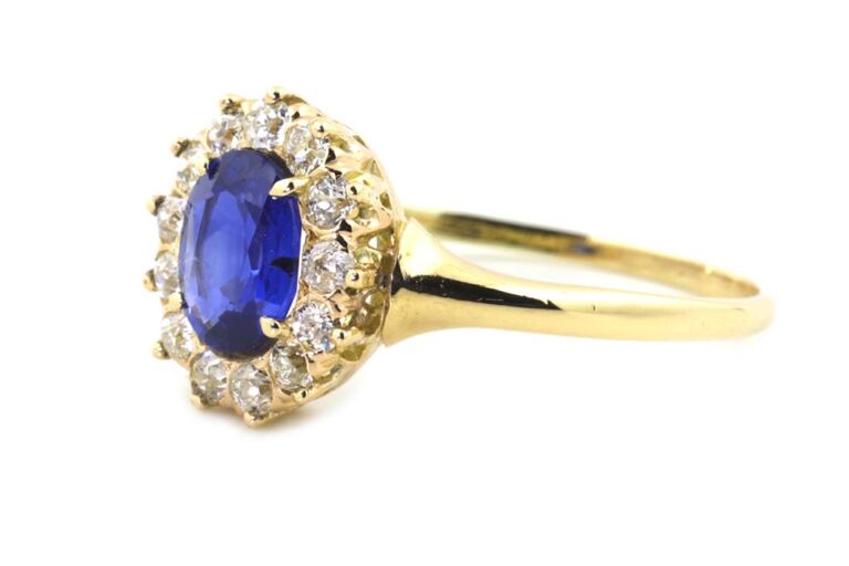Victorian Blue Sapphire & Diamond Cluster 18ct Yellow Gold Ring Size N