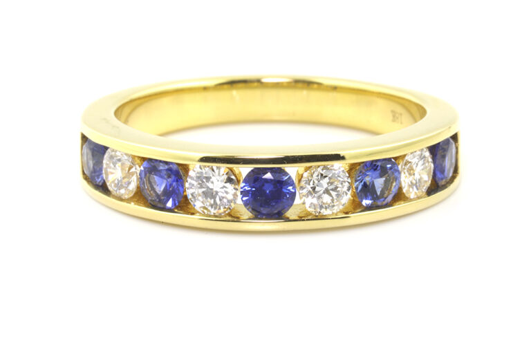 Blue Sapphire Diamond Half Eternity Ring 18ct Yellow Gold Size P