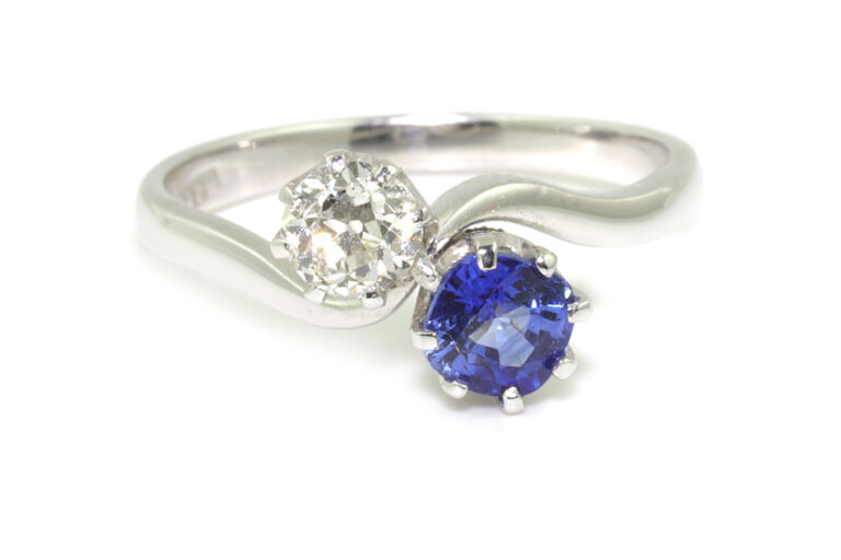 Blue Sapphire & Diamond 2 Stone 18ct White Gold Ring Size L