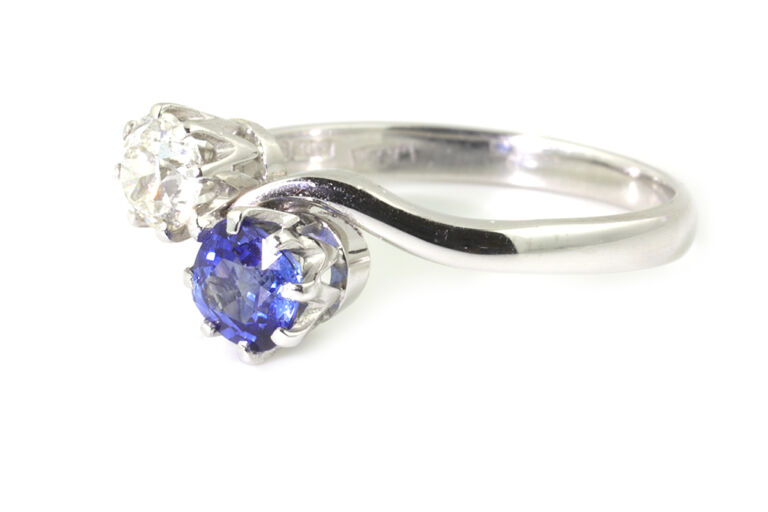 Blue Sapphire & Diamond 2 Stone 18ct White Gold Ring Size L