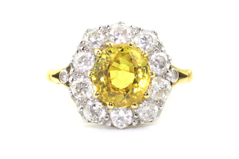 Yellow Sapphire & Diamond Cluster 18ct Gold Ring Size N