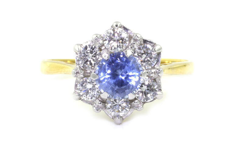 Blue Sapphire & Diamond Cluster 18ct G Ring Size M