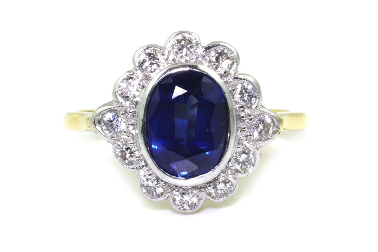 Blue Sapphire & Diamond Cluster 18ct G Ring Size N