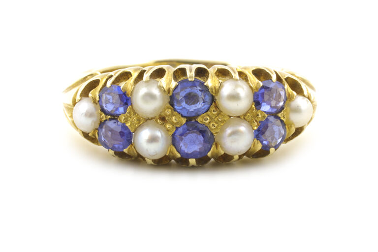 Blue Sapphire & Pearl 18ct Yellow Gold Ring Size R