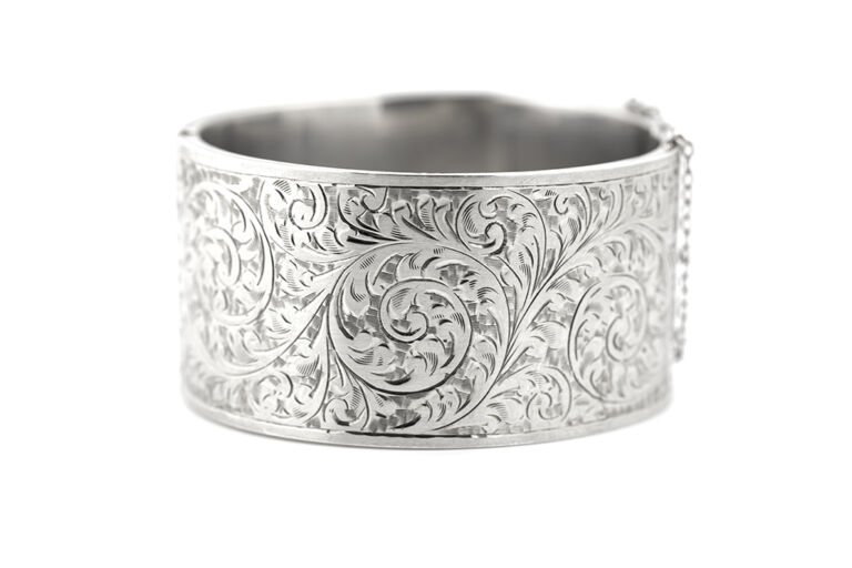 Scroll Engraved Silver Hinged Bangle with safety chain