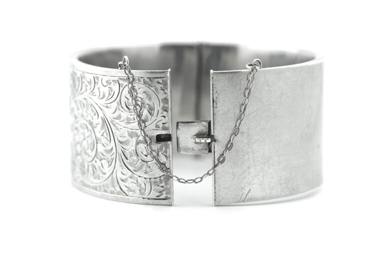 Scroll Engraved Silver Hinged Bangle with safety chain