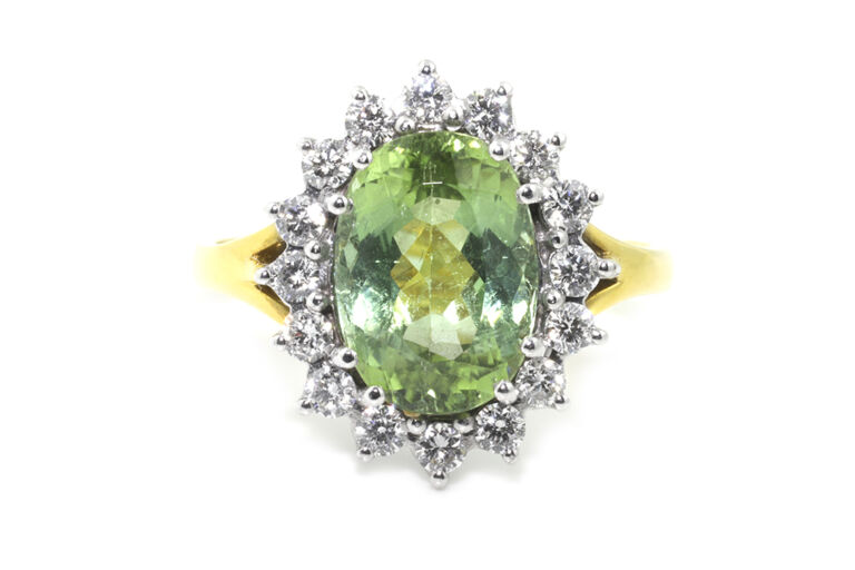 Certified Green Tourmaline & Diamond Cluster 18ct G Ring Size O