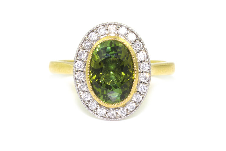 Green Tourmaline & Diamond Cluster 18ct GOLD Ring Size M