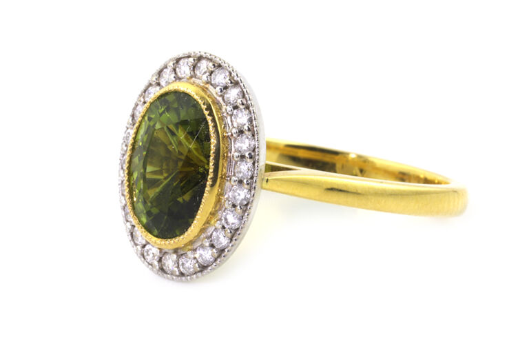 Green Tourmaline & Diamond Cluster 18ct Gold Ring Size M