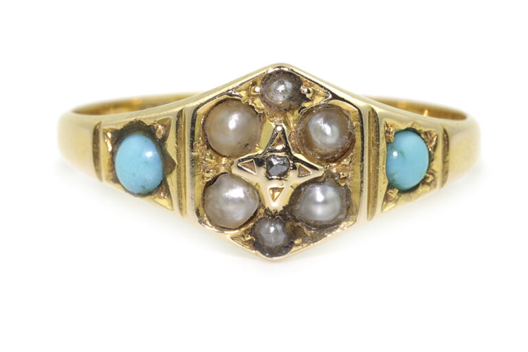 Turquoise Pearl & Diamond Band 15ct Yellow Gold Ring