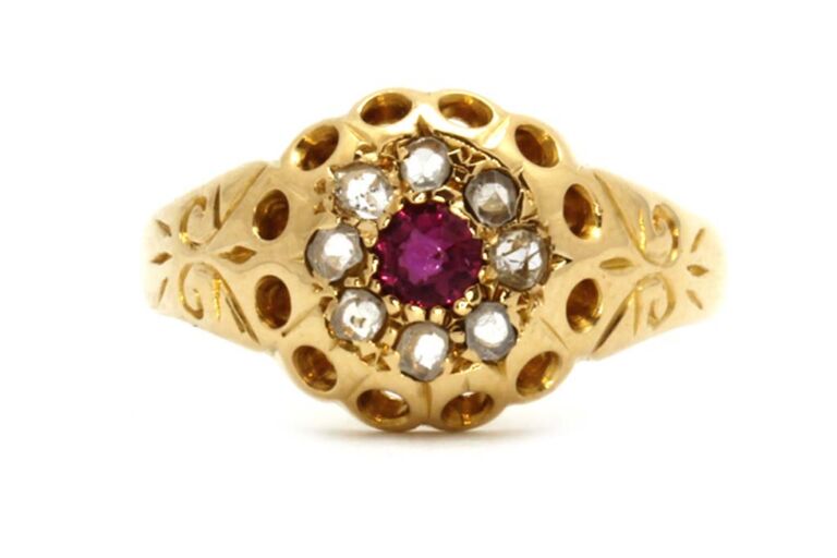 Image 1 for Ruby & Diamond Cluster 18ct Yellow Gold Ring Size N
