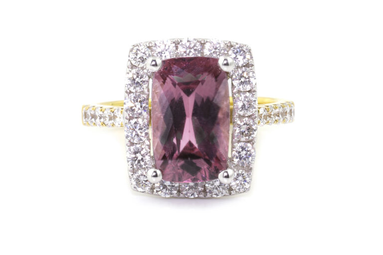 Pink/Red Zircon & Diamond Cluster Ring 18ct gold