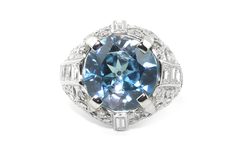 Vintage Blue Zircon & Diamond Cluster Platinum Ring Size M