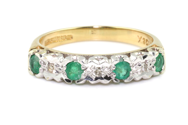 Emerald & Diamond Half Eternity Ring 9ct gold Size L