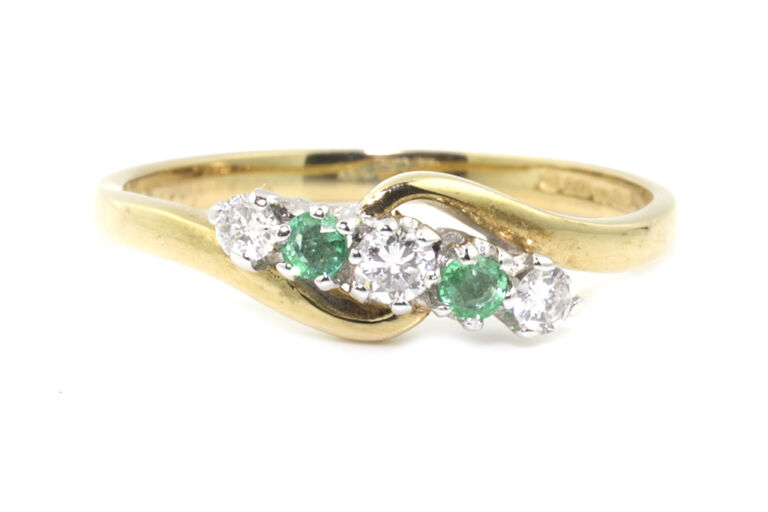 Emerald & Diamond 5 Stone Ring 9ct gold Size M