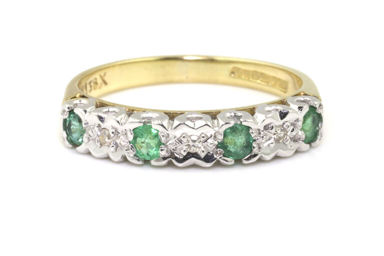 Emerald & Diamond Half Eternity Ring 9ct gold Size M