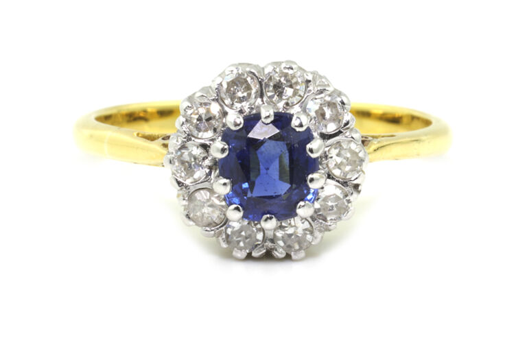 Blue Sapphire & Diamond Cluster Ring 18ct yellow & white gold size M