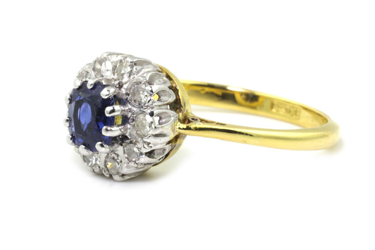 Blue Sapphire & Diamond Cluster Ring 18ct yellow & white gold size M