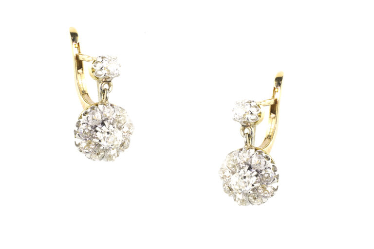 French Diamond Cluster Drop Earrings 18ct gold