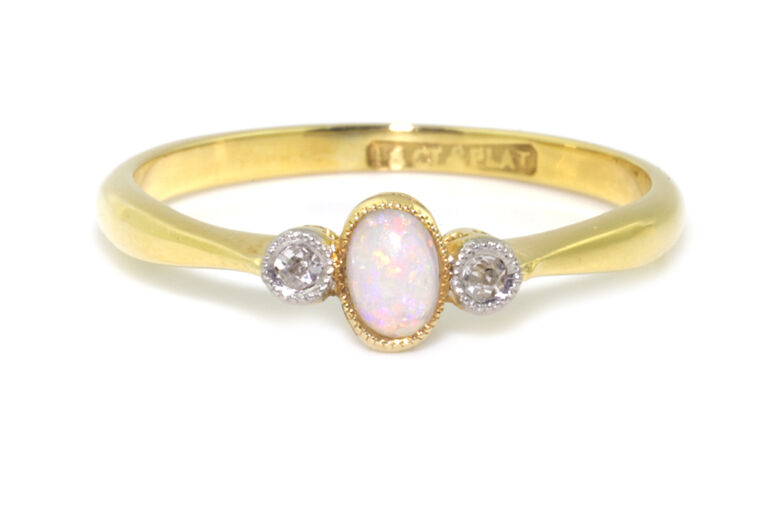 Opal & Diamond 3 Stone Ring 18ct gold & platinum size M