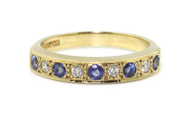 Blue Sapphire & Diamond Half Eternity Ring 9ct yellow gold