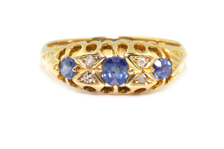 Blue Sapphire & Diamond 7 Stone Band Ring 18ct yellow gold size P