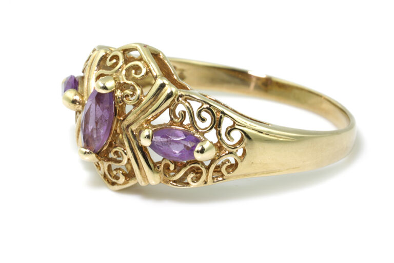 Amethyst 3 Stone Ring 9ct gold size n