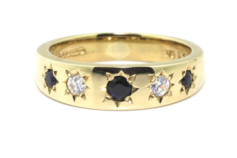 Blue Sapphire & CZ 5 Stone Band Ring 9ct gold size M