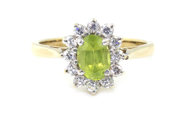Peridot & CZ Cluster Ring 9ct gold Size M