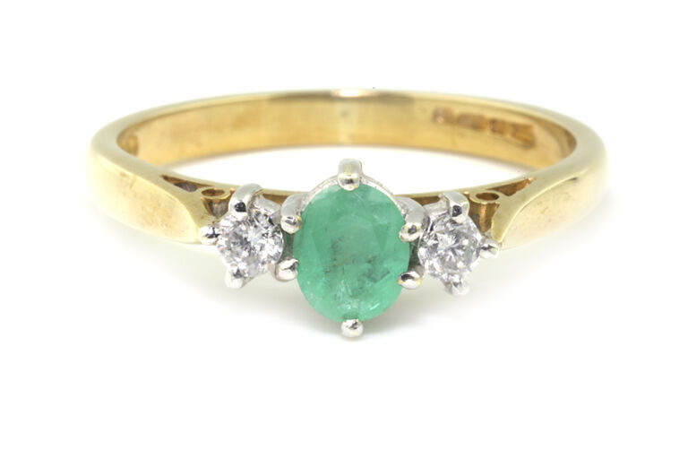 Emerald & Diamond 3 Stone Ring 9ct gold size M