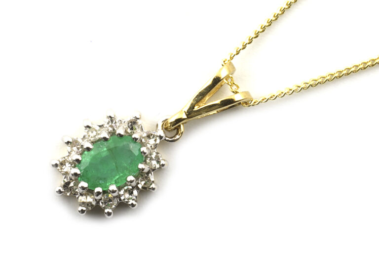 Emerald & Diamond Cluster Pendant & Chain 9ct gold
