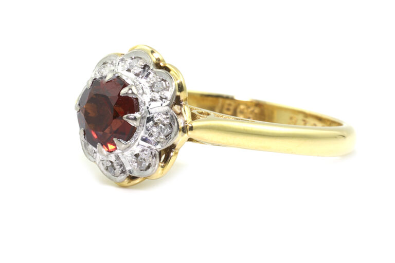 Garnet & Diamond Cluster Ring 18ct gold size M