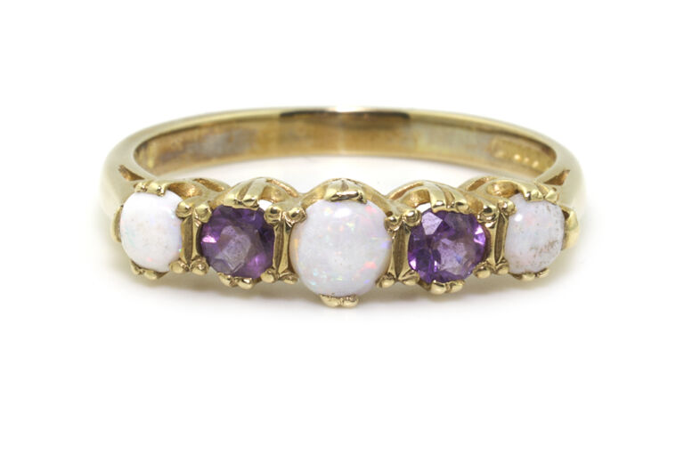 Amethyst & Opal 5 Stone Ring 9ct gold size O