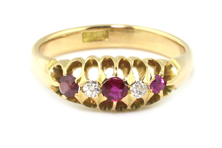 Ruby & Diamond 5 Stone Band Ring 9ct gold size M