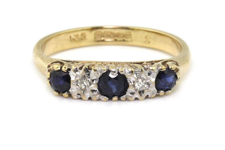 Blue Sapphire & Diamond 5 Stone Ring 9ct gold size M