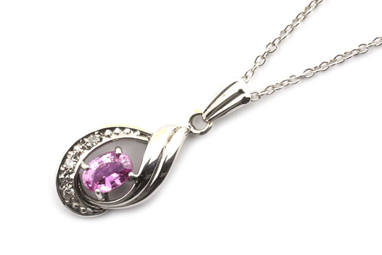 Pink Sapphire & Diamond Pendant & Chain 9ct white gold