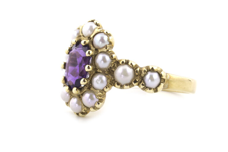 Vintage Pearl & Amethyst Cluster Ring 9ct gold size N