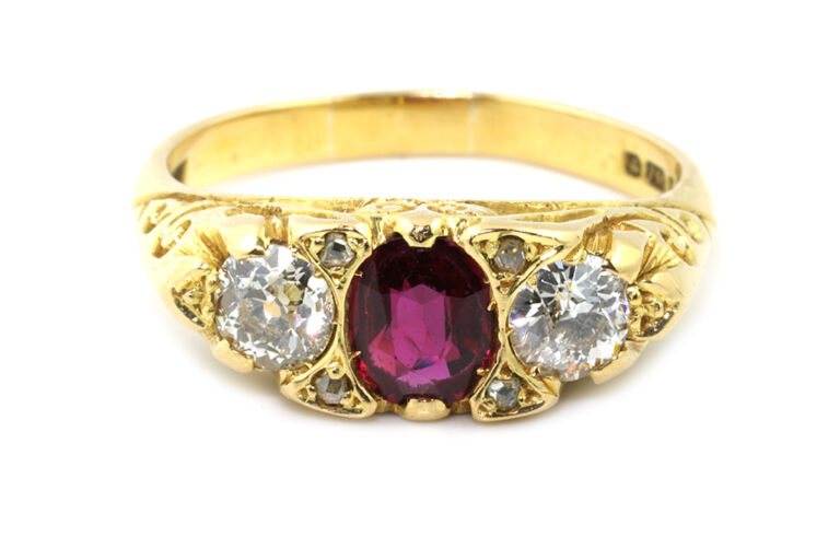 Ruby & Diamond 3 Stone Ring 18ct gold size Q